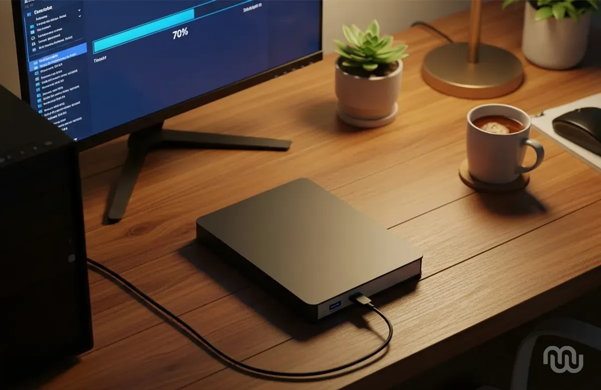 HD externo conectado ao PC para backup de dados antes de formatar o computador