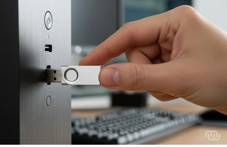 Mão inserindo pen drive bootável para formatar computador em Leopoldina com segurança.