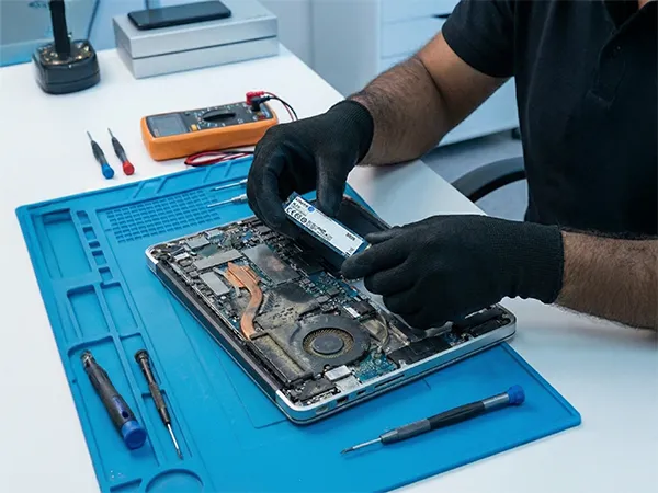Técnico realizando manutenção de notebook em Leopoldina e instalação de SSD na Macoleco Informática