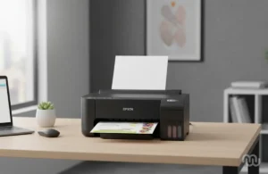 Impressora Epson EcoTank em escritório moderno focando em menor preço e economia