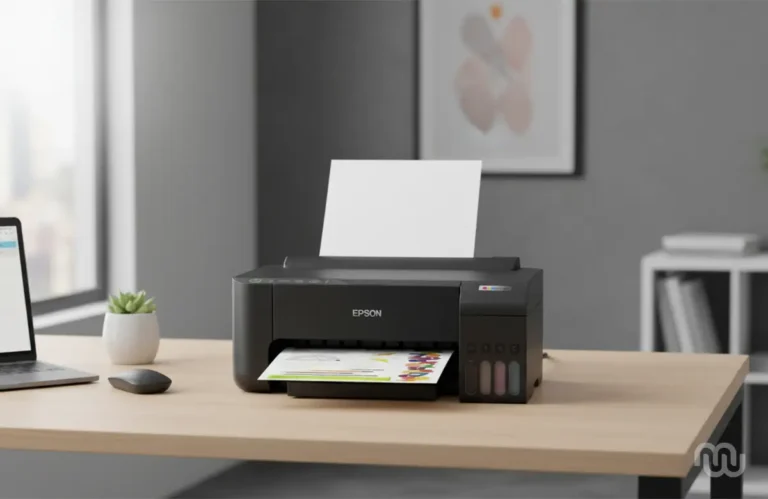 Impressora Epson EcoTank em escritório moderno focando em menor preço e economia