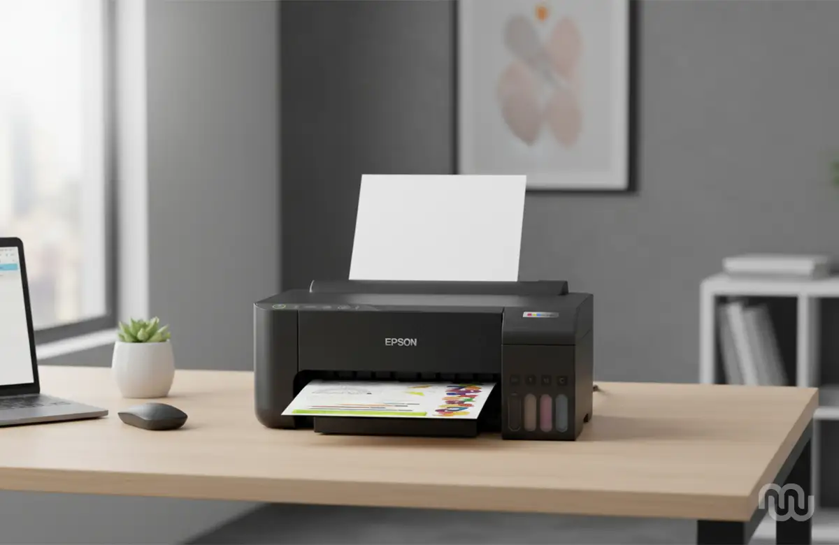 Impressora Epson EcoTank em escritório moderno focando em menor preço e economia