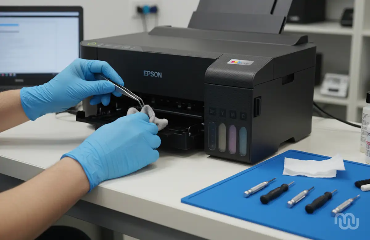Técnico da Macoleco realizando manutenção em impressora Epson em Leopoldina