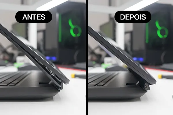 Antes e depois do reparo de carcaça de notebook em Leopoldina feito pela Macoleco