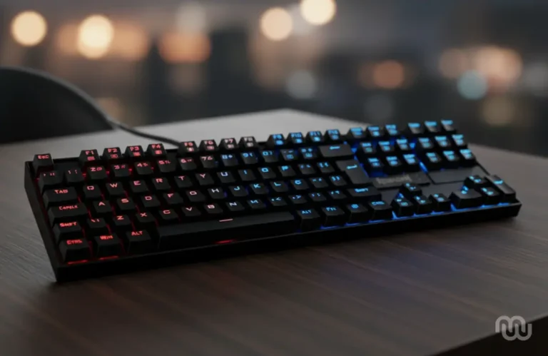 Teclado Mecânico Redragon Kumara com iluminação RGB em uma mesa de escritório moderna - Guia Macoleco Leopoldina.